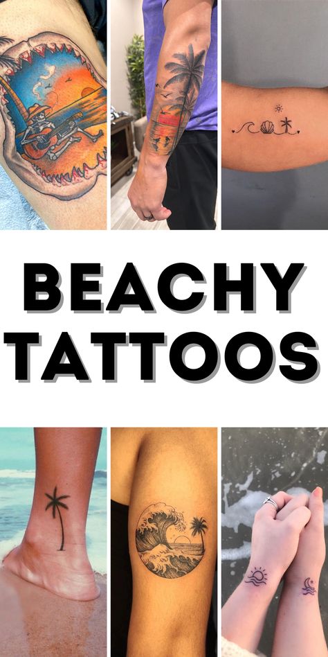 Explore beachy tattoos with palm trees, sunsets, and waves, perfect for men and women who love small, dainty, and cute beach-themed ink. Tattoos For Women Foot, Beachy Tattoos For Women, Cute Summer Designs, Beachy Tattoos, Circular Tattoo, Dainty Designs, Tattoos For Men And Women, Small Matching Tattoos, Summer Designs