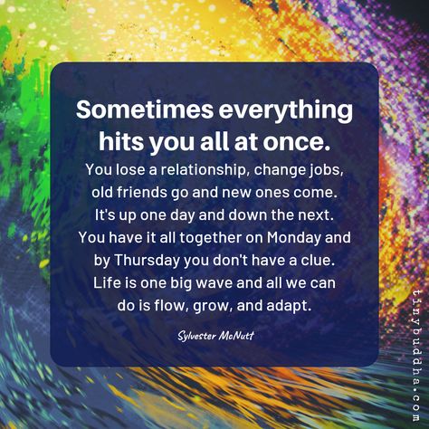 "Sometimes everything hits you all at once. You lose a relationship, change jobs, old friends go and new ones come. It's up one day and down the next. You have it all together on Monday and by Thursday you don't have a clue. Life is one big wave and all we can do is flow, grow, and adapt." ~Sylvester McNutt Sylvester Mcnutt, Billy B, Be The Best Version Of You, Tiny Buddha, Changing Jobs, Big Waves, Life Advice, A Relationship, Positive Attitude