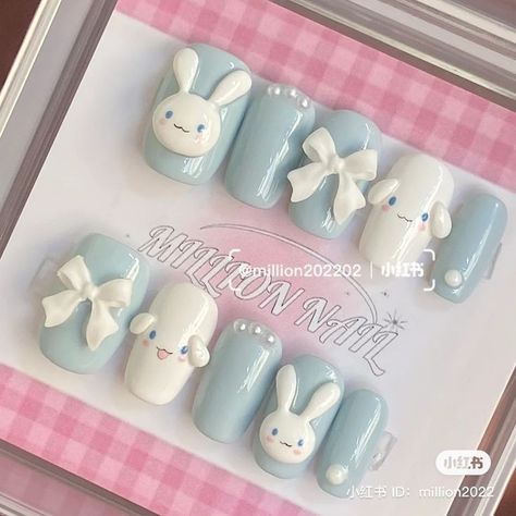 Cinnamoroll Press On Nails, Kawaii 3d Nail Art, Cinnamoroll Nail Design, Cute Nails Sanrio, Sanrio Gel Nails, Cinnamonroll Nails Designs, Cinamoroll Nails Simple, 3d Kawaii Nails, Cinamoroll Nail