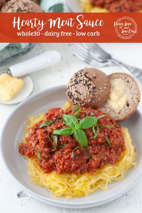 This slow simmered tomato meat sauce is thick and hearty - comfort food at it's finest. Best of all, it is low carb and whole30 compliant. Skip the unnecessary additives in store-bought sauces and make your own | Peace Love and Low Carb Peace Love And Low Carb, Low Carb Meats, Dairy Free Low Carb, Keto Sauces, Eggplant Lasagna, Meat Sauce Recipes, Whole30 Keto, Hearty Comfort Food, Eggplant Dishes