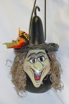 Fall Gourds, Halloween Gourds, Gorgeous Gourds, Gourds Birdhouse, Decorative Gourds, Hand Painted Gourds, Witch Face, Gourds Crafts, Painted Gourds