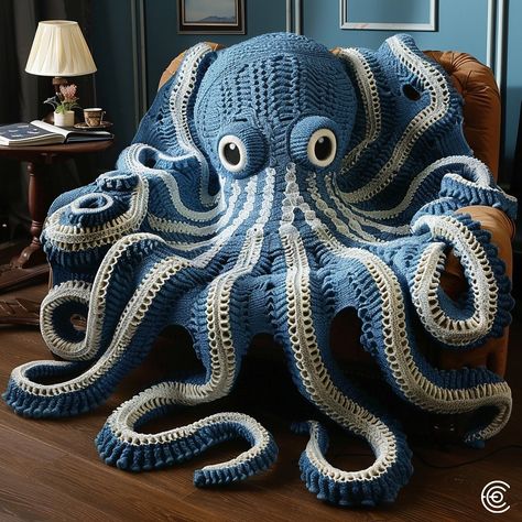 Introducing the Octopus-Inspired Knitted Couch Blanket, a cozy and whimsical addition to your home. Crafted from ultra-soft yarn, this blanket features intricate, tentacle-like extensions that mimic the elegance of an octopus. Perfect for chilly evenings, it offers both warmth and a touch of marine magic to your living space. Conceptual AI Art Follow @ecosapiens for more! Octopus Snuggie Crochet, Octopus Blanket Crochet Pattern Free, Large Crochet Octopus, Crochet Octopus Free Pattern Chunky Yarn, Octopus Knitting Pattern Free, Large Crochet Octopus Free Pattern, Crochet Octopus Blanket, Giant Octopus Crochet Pattern Free, Octopus Blanket