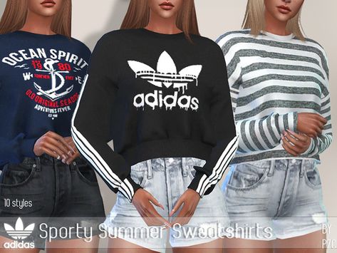 Pinkzombiecupcakes' PZC- Sporty Summer Sweatshirts (mesh required) Sims 4 Champion Cc, Sims 4 Cc Sweatshirt, Sims 4 Adidas, The Sims 4 Pack, Sporty Summer Outfits, Sporty Sweater, Sporty Summer, Sims Inspiration, Sims 4 Tsr