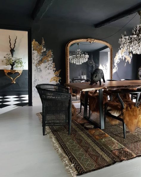 Lounge Diner, Half Painted Walls, Mad About The House, Moody Interiors, Dark Colours, Style Deco, Dark Interiors, Eclectic Home, Black Walls