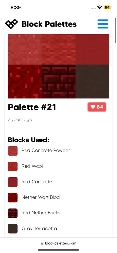 Minecraft Building Color Palette, Black And Red Minecraft House, Minecraft Red Banner Designs, Red Minecraft Builds, Minecraft Red Palette, Red House Minecraft, Nether Block Palette, Cherry Wood Pallet Minecraft, Red Minecraft House