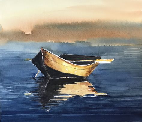 Watercolor Boat, Coastal Watercolor, Sunset Watercolor, Artwork Landscape, Watercolor Sunset, Boat Art, Boat Painting, Cottage Art, 수채화 그림