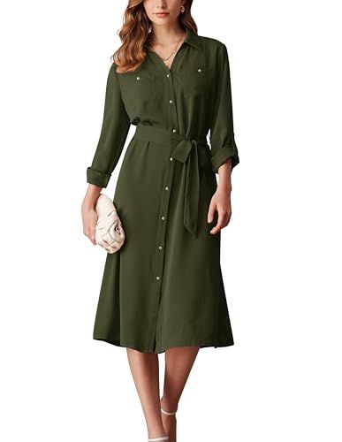 GRACE KARIN Women's Long Sleeve Button Down Shirt Dress Casual Loose Tie Waist Adjustable Sleeve Length Midi Dresses Loose Tie, Button Down Shirt Dress, Fashion Hub, Shirt Dress Casual, Button Up Dress, Fashion Toys, Long Shirt, Split Hem, Midi Dresses