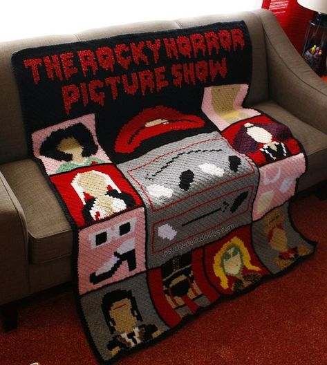 Rocky Horror c2c grapghan crochet pattern. #crochetpattern #c2c Rocky Horror Picture Show Pixel Art, Tapestry Crochet Blanket Patterns, Horror Crochet Free Pattern, Supernatural Blanket, Horror Blanket, Crochet Horror, Horror Crochet, Horror Room, Park Blanket