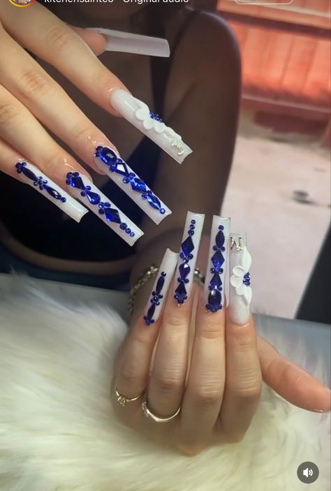 Clear Nails With Blue Rhinestones, Blue Righnstone Nails, Milky White Nails With Blue Rhinestones, Long Blue Nails With Rhinestones, Kodak Black Nails, Blue Red Bottom Nails, Navy Blue Long Acrylic Nails, Xl Blue Acrylic Nails, Royal Blue Acrylic Nails With Gems