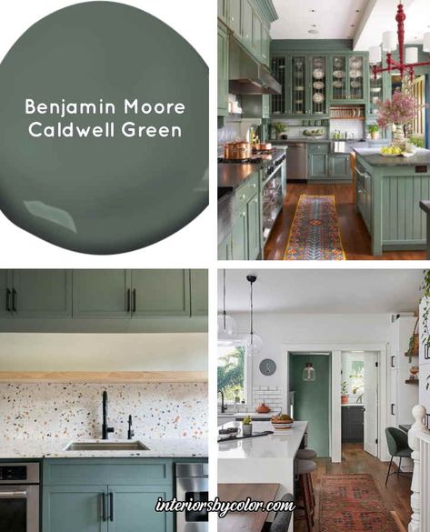 Benjamin Moore Green Cabinets, Caldwell Green Benjamin Moore, Benjamin Moore Caldwell Green, Lakehouse Vibes, Caldwell Green, Green Interior Decor, Green Kitchen Cabinets, Cabinet Paint Colors, Bedroom Redo