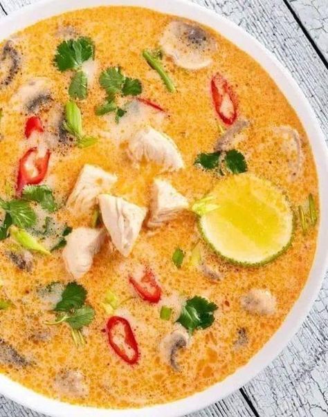 Keto & Low Carb (Easy Recipes) | Tom kha gai (thai coconut chicken soup) is probably one of my favorite soups of all time Tom Ka Gai Soup, Tom Kha Soup Recipe, Soups Keto, Tom Ka Gai, Soy Rice, Tom Kha Gai Soup, Dairy Free Soup Recipe, Tom Kha Soup, Coconut Chicken Soup