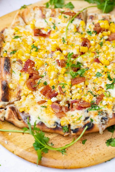 Sweet Corn Pizza, Grilled Pizzas, Corn Grilled, Corn Pizza, Corn Elote, Cooking With Kids Easy, Mexican Crema, Oh Sweet Basil, Mexican Pizza