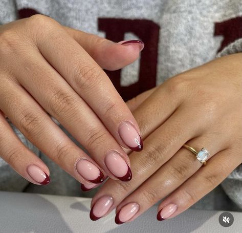 Mid Length Gel Nails, Short Nails Inspiration Winter 2024, Almond French Color Tip Nails, Burgundy Biab Nails, Burgundy And Gold French Tip Nails, Chrome Red French Tip, Short Burgundy Nail Ideas, New Years French Tip Nails, Burgundy Tip Nails