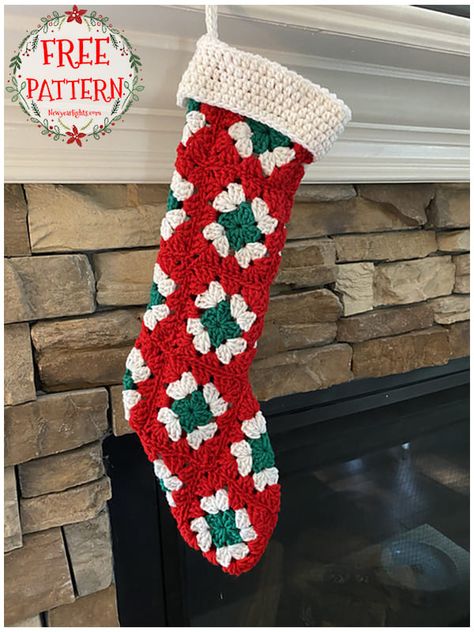 Granny Square Christmas Stocking Pattern, Quick And Easy Crochet Christmas Stocking, Free Crochet Pattern For Christmas Stocking, How To Crochet Christmas Stocking, Crochet Stocking Granny Square, Crochet Vintage Christmas Stocking Pattern Free, Granny Square Stocking Crochet, Crochet Christmas Stockings Ideas, Beginner Crochet Christmas Stocking