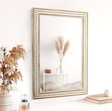 Amazon.com: 24"x 36" Rectangle Mirrors for Wall, Boho Rectangular Wall-Mounted Mirrors with Wooden Beaded Frame, Rustic Decorative Mirror for Bathroom, Bedroom, Living Room or Entryway (Horizontal/Vertical) : Home & Kitchen Rectangular Mirror Living Room, Wooden Bathroom Mirror, Beaded Frame, Beaded Mirror, Farmhouse Mirrors, Rustic Wall Mirrors, Boho Frame, Mirror Wall Living Room, Mirror Wall Bedroom