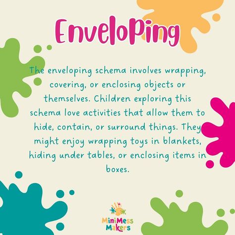 Enveloping! Does your little one favour hiding under the table? Or like to wrap up their dolls? Maybe they enjoy the Enveloping schema. #sensoryandmessyplay #toddlerclassescornwall #babygroupcornwall #edibleplay #minimessmakers #myminimessmaker #messyplaycornwall ##schemasofplay Enveloping Schema Activities, Schemas Early Years, Schema Activities, Learning Stories Examples, Learning Stories, Playful Learning, Toddler Stuff, Class Management, Messy Play