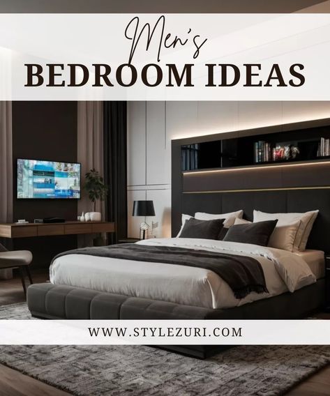 How to Create the Ultimate Men's Bedroom: 20 Men's Bedroom Ideas - Style Zuri Bed Ideas For Men, Male Room Ideas Masculine Bedrooms, Adult Male Bedroom Ideas, Male Room Ideas, Bachelor Bedroom, Men’s Bedroom Ideas, Male Bedroom, Male Bedroom Ideas, Men's Bedroom