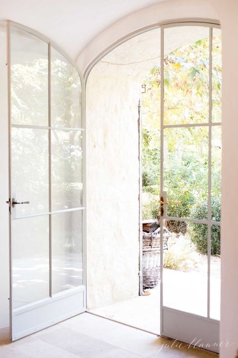 Curved Front Door, Exterior Sliding Glass Doors, Indoor Glass Doors, Black French Doors, Arched French Doors, Curved Door, Patina Farm, Julie Blanner, Front Door Entryway