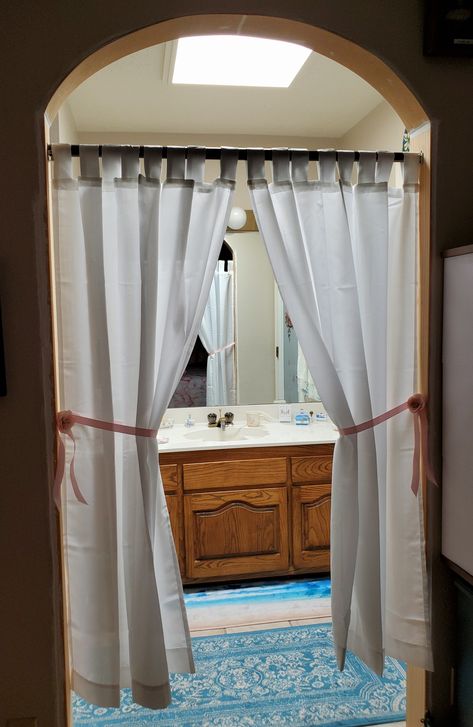 Curtains Over Arched Doorway, Arched Doorway, Arch Doorway, Doorway Curtain, Master Bathrooms, Bathroom Doors, Diy Curtains, Diy Door, Hanging Curtains