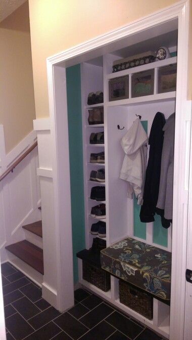 Coat Closet With Hooks And Shoe Storage, Coat Closet Bench Entryway, Coat And Shoe Closet Entryway, Shoe Closet Entryway Entrance, Shoe Storage Ideas Mud Room, Small Coat And Shoe Area, Entryway Closet Shoe Storage, Entry Way Closet Shoe Storage, Entryway Closet Makeover Entrance