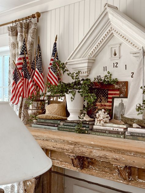 Patriotic Mantle, Patriotic Decor Ideas, Yankee Doodle Dandy, Marine Corps Veteran, Yankee Doodle, Fourth Of July Decor, Vintage Flag, Patriotic Decor, 4th Of July Decorations