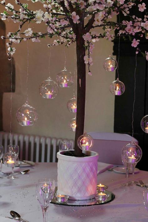 Hanging t-lights from Cherry Blossom Trees.... Light Up Cherry Blossom Tree, Cherry Blossom Centerpiece Ideas, Cherry Blossom Quince, Cherry Blossom Wedding Dress, Cherry Blossom Centerpiece, Cherry Blossom Wedding Theme, Theme Bapteme, Cherry Blossom Party, Cherry Blossom Decor