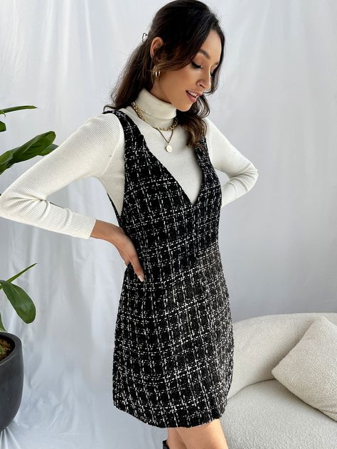 Black and White Elegant  Sleeveless Tweed Plaid Pinafore  Non-Stretch Fall/Winter Women Dresses Black And White Pinafore Dress, Tweed Pinafore Dress, Black Plaid Dress Outfit, Dungree Styles Dress, Dungree Styles, Tweed Overall Dress, Pinafore Dress Outfit, Plaid Dress Outfit, Shift Dress Outfit