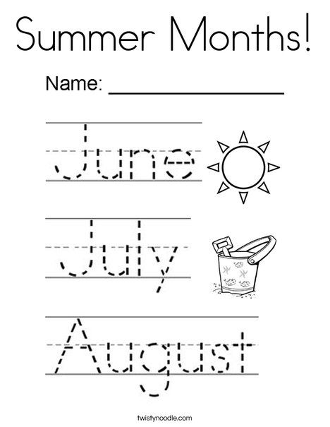 Summer Months Coloring Page - Twisty Noodle Summer Worksheets For Kids, Preschool Binder, Seasons Preschool, Calendar Worksheets, Seasons Worksheets, Summer Homeschool, Summer Worksheets, Twisty Noodle, Kindergarten Prep