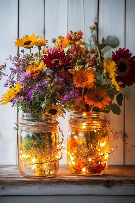 25 Affordable Rustic Wedding Table Decorations That Are Budget-Friendly Mason Jar Centerpieces For Weddings, Wedding Table Decor Ideas, Mason Jar Fairy Lights, Boho Garden Party, Wedding Table Setup, Rustic Decorations, Elegant Wedding Themes, Rustic Wedding Table Decor, Rectangle Tables