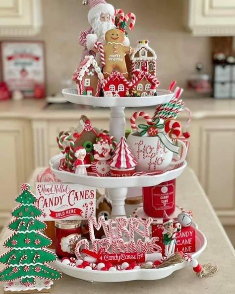 Gingerbread Tablescape Ideas, Holiday Tiered Tray Ideas, Candy Cane Tiered Tray, 3 Tier Christmas Tray, Candy Cane And Gingerbread Christmas Tree, Candy Cane And Gingerbread Decor, Christmas Decorating In Small Spaces, Vintage Tiered Tray Decor, Gingerbread Kitchen Christmas Decor