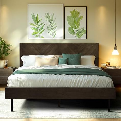 Headboard Platform Bed, Natural Wood Bed, Bed Frame Queen Size, Inviting Bedroom, Pine Beds, Solid Wood Bed Frame, Bed Frame With Headboard, Tall Headboard, Solid Wood Platform Bed