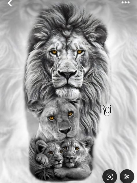 Lion Back Tattoo Design, Lion Family Tattoo, Family Tattoo Design, Lioness And Cub Tattoo, Lion Cub Tattoo, Family Sleeve Tattoo, Lion And Lioness Tattoo, Lion Chest Tattoo, Guru Hargobind