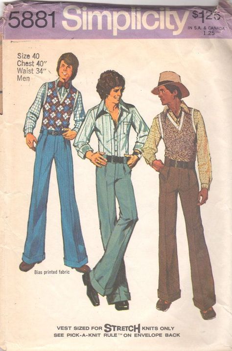 Simplicity 5881 1970s Mens Cuffed Wide Leg Pants Shirt and Vest Pattern Disco Style Adult Vintage Sewing Pattern Chest 38 or Chest 42 UNCUT - Etsy Vintage Sewing Patterns Men, Disco Outfit Men 70s Fashion, 70’s Mens Fashion, 1970s Fashion Mens, 70s Bollywood, Mens 70s Fashion, 1970s Mens Fashion, Disco Outfits, 70s Fashion Men