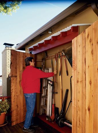 Under Eaves Storage, Eaves Storage, Space Garden, Outside Storage, Shed Organization, Shed Ideas, Backyard Storage, Garden Tool Shed, Diy Shed Plans