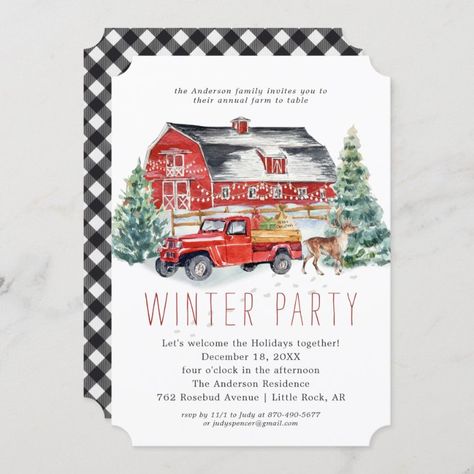 Christmas Housewarming Party, Barn Christmas, Housewarming Party Invitations, Dinner Party Invitations, House Warming Invitations, Vintage Red Truck, Holiday Dinner Party, Hosting Holidays, Christmas Gathering