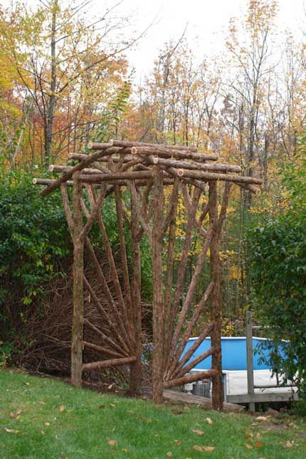 Sunburst Arbor Log Arbor, Rustic Arbor, Rustic Pergola, Garden Archway, Wooden Arbor, Twig Furniture, Arbors Trellis, Garden Arbor, Garden Arches