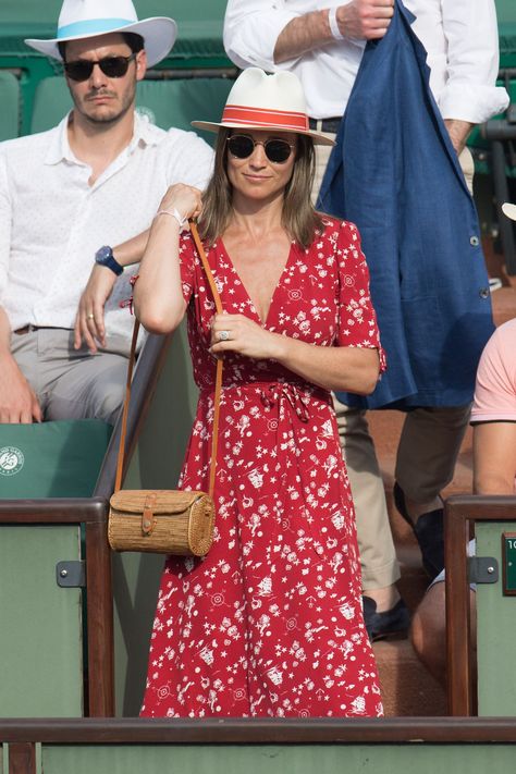 Pippa Middleton looked pretty flawless at the French Open- CosmopolitanUK Tournament Outfit, Red Wrap Dress, Tennis Tournament, Red And White Dress, Open Day, Red Midi, Tennis Match, French Open, Pippa Middleton