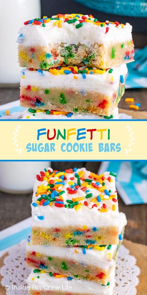 Funfetti Sugar Cookie Bars - sprinkles and vanilla buttercream frosting make these sugar cookie bars a fun treat to make for dessert. Bake and frost this easy recipe in one pan. Easy Cookie Bars, Sugar Cookie Bars Recipe, Sugar Cookie Bar Recipe, Cookie Bars Easy, Sugar Cookie Bars, Oreo Dessert, Cookie Bar Recipes, Bars Recipe, Yummy Sweets