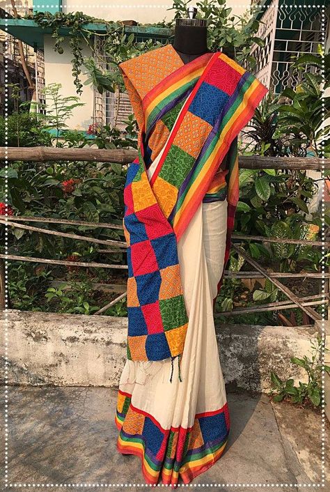 Patchwork saree: Aanya Pinned by Sujayita Patchwork Saree, Silk Drapes, Formal Saree, New Saree Designs, Wedding Saree Blouse, Wedding Saree Blouse Designs, Cotton Kurti Designs, Desi Clothes, Kurti Collection