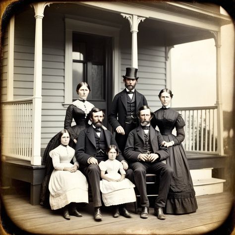 The stoic faces of a Victorian family are captured in a stunning Daguerreotype photo, a moment frozen in time on the front porch of their grand house.... -  #Family #front #porch #Portrait #Victorian Victorian Family Portrait, Grand House, Victorian Times, House Family, Victorian Photos, The Stoics, Pose For The Camera, Grand Homes, Frozen In Time