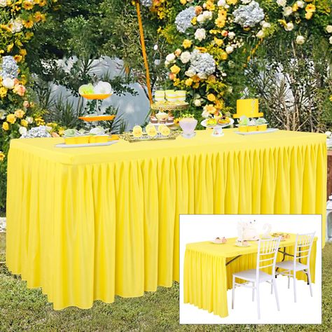 PRICES MAY VARY. Excellent Workmanship and Fabric: Made of spandex material with outstanding elasticity and long-lasting durability, the yellow table skirt has superior texture, high stretch and wrinkle resistance, and fits perfectly on a 6 ft rectangular table. 6FT Standard Table Cloth Unique Design: The yellow table cloth size is L:72"×W:29.5"×H:28",Unique 3-sides enclosure design with a large opening in the back of the table cloth for rectangle table, which not only reduces your costs, but al Table Cloth Skirt, Yellow Table Cloth, Yellow Party Themes, Enclosure Design, Business Dinner, Gold Table Runners, Rectangle Tables, Girl Gift Baskets, Sunshine Baby Showers