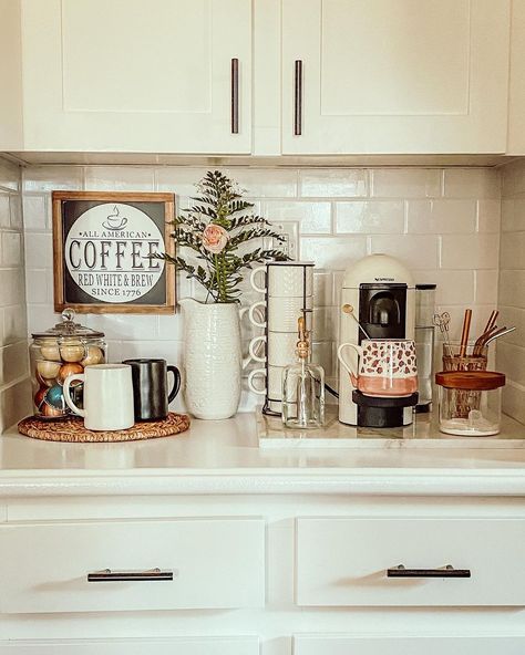 Keurig Coffee Station On Counter Small, Coffee Station Ideas Countertop, Keurig Coffee Station, Coffee Bar Ideas Kitchen Counter, Kitchen Design Countertops, Coffee Station Ideas, Gray Couch, Wood Countertops Kitchen, Coffee Station Kitchen