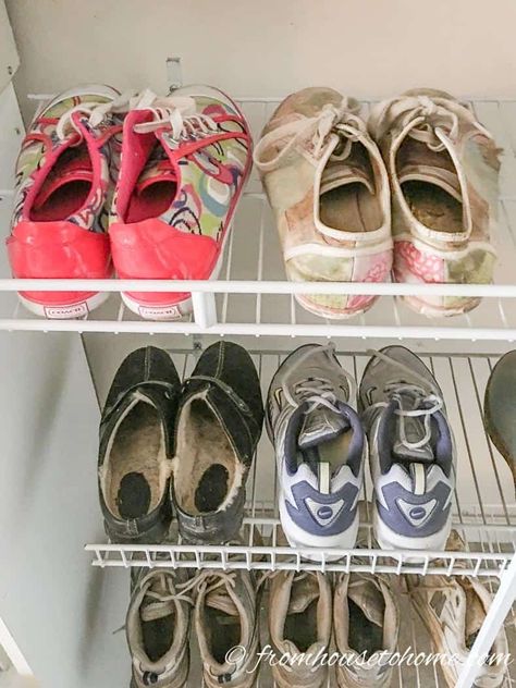 What a great idea to repurpose wire shelves! This shoe rack is so easy to put together and will definitely get your closet organized. Click through to find more wire shelving hacks. #fromhousetohome #storageideas #organization #storage #hacks #shelving #storageideas Condo Storage, Shelving Hacks, Make A Shoe Rack, Wire Closet Organizers, Ocd Organization, Diy Shoe Rack, Wire Shelves, Garage Tool Storage, Shelving Storage