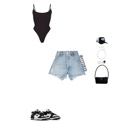 Black Bodysuit And Shorts Outfit, Nike Panda Dunks Outfit Woman Summer, Panda Dunks Outfit Black Women Summer, Black Bodysuit Outfit Summer, Denim Shorts Outfit Black Women, Panda Dunks Outfit Black Women, Shorts And Bodysuit Outfits, Jean Shorts Outfit Black Women, Summer Bodysuit Outfit