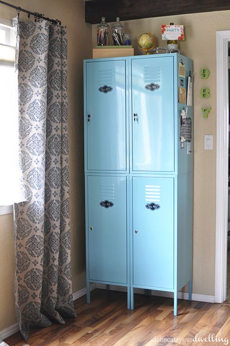 Ikea Lockers, Delineate Your Dwelling Outdoor Mudroom, Home Gym Storage Ideas, Ikea Lockers, Locker Dresser, Home Gym Storage, Vintage Lockers, Industrial Style Decor, Shop Cabinets, Metal Lockers