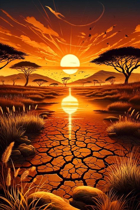 A stunning African savanna sunset with silhouetted acacia trees and cracked earth reflecting golden light. African Safari Painting, African Landscape Illustration, African Landscape Art, African Sunset Tattoo, African Safari Tattoo, Africa Art Painting, Sun Rays Painting, African Sunset Painting, African Landscape Painting