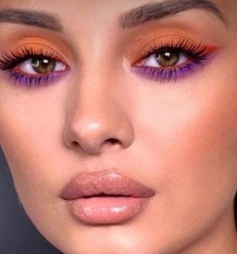 Orange And Purple Eyeshadow, Orange Purple Eyeshadow, Orange Eye Makeup, Orange Makeup, Glitter Eye Makeup, Purple Eyeshadow, Color Magenta, Colorful Eye Makeup, Makeup Style