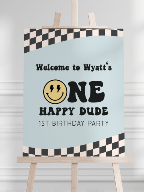 Editable ONE Happy Dude 1st Birthday Welcome Sign DIGITAL DOWNLOAD DEMO LINK- Try Before You Buy! Copy & Paste link into your browser ►https://www.corjl.com/d/45H1KK Simply edit using computer, laptop or phone, no software required! ►Find more One Happy Dude themed items here: https://www.etsy.com/shop/MerryPartyPrintables?search_query=one_happy_dude One Happy Dude Welcome Sign, 1st Birthday Welcome Sign, Dude Birthday Party, One Happy Dude Birthday, Dude Birthday, One Happy Dude, Birthday Edit, Retro Smiley Face, Boys 1st Birthday Party Ideas