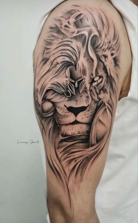 Lion Tattoo Upper Arm, Upper Half Sleeve Tattoos For Guys, Best Lion Tattoos Men, Upper Arm Sleeve Tattoos For Guys, Half Sleeve Tattoos For Guys Upper Arm, Lion Warrior Tattoo, Upper Arm Tattoo Men, Shoulder Tattoos For Men, Lion Shoulder Tattoo