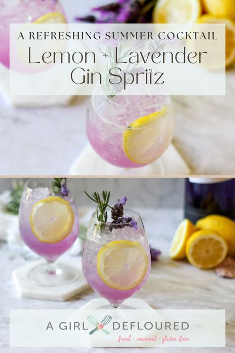 Lemon Lavender Gin Spritz Lemon Lavender Gin Spritz, Lemon Lavender Cocktail, Speak Now Cocktail, Drinks With Lavender Syrup, Lavender Drinks Alcoholic, Lavender Syrup Cocktails, Lavender Cocktail Recipe, Lavender Lemonade Cocktail, Lavender Cocktails